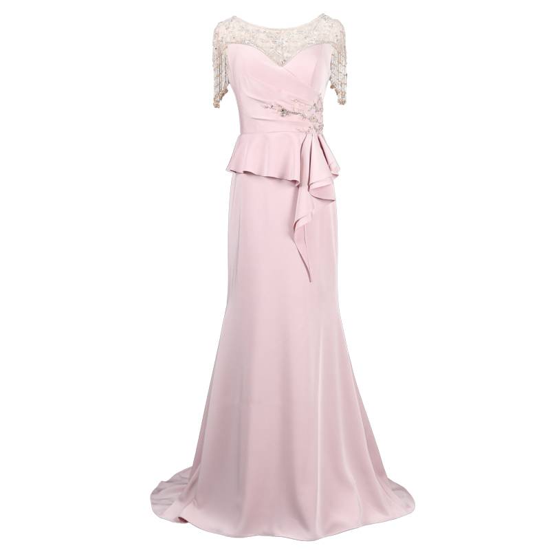 Fracked beaded evening dress covering the arm and covering the small belly