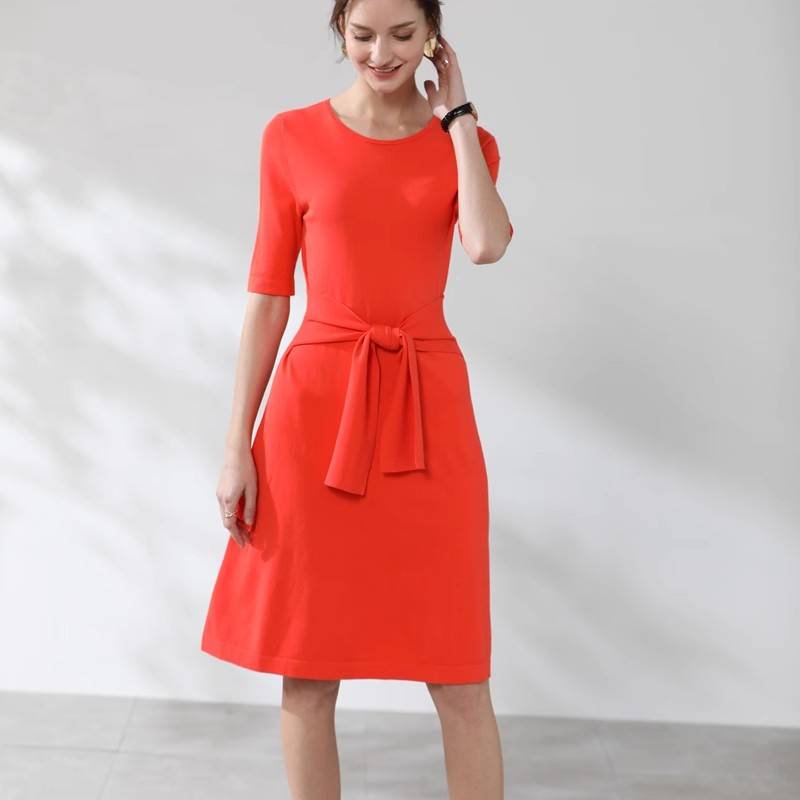 Xiaoxiao's spring and summer belt is tied into a big bow, a dress with a dress orange knitted skirt ~ A976