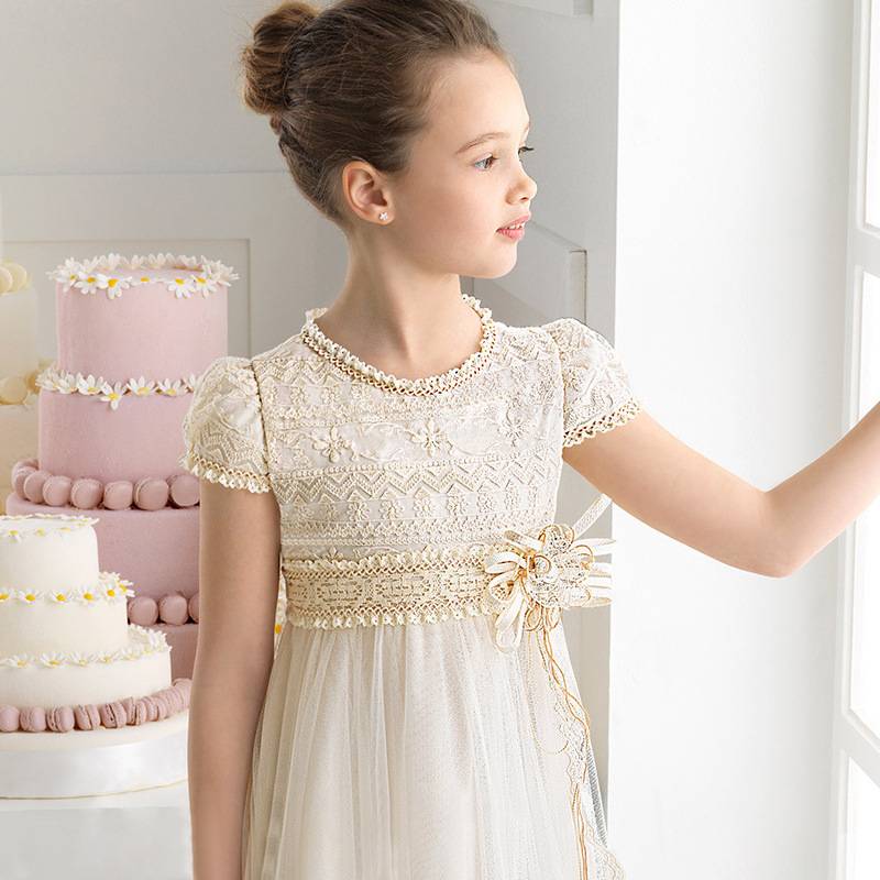 Lace high waist elegant long skirt girl princess skirt beige children's dress in violin performance dress