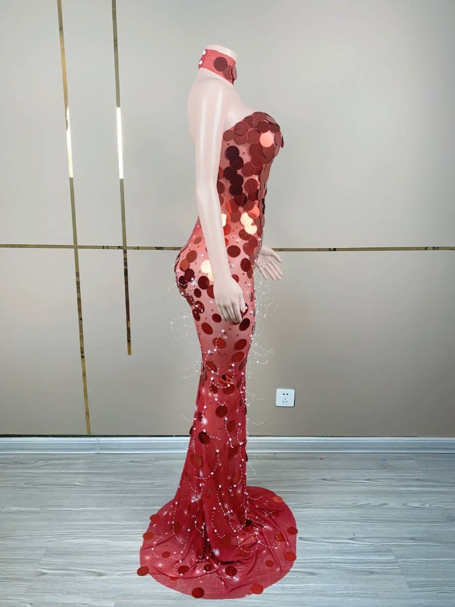 European and American net gauze sequins long skirt red dress skirt