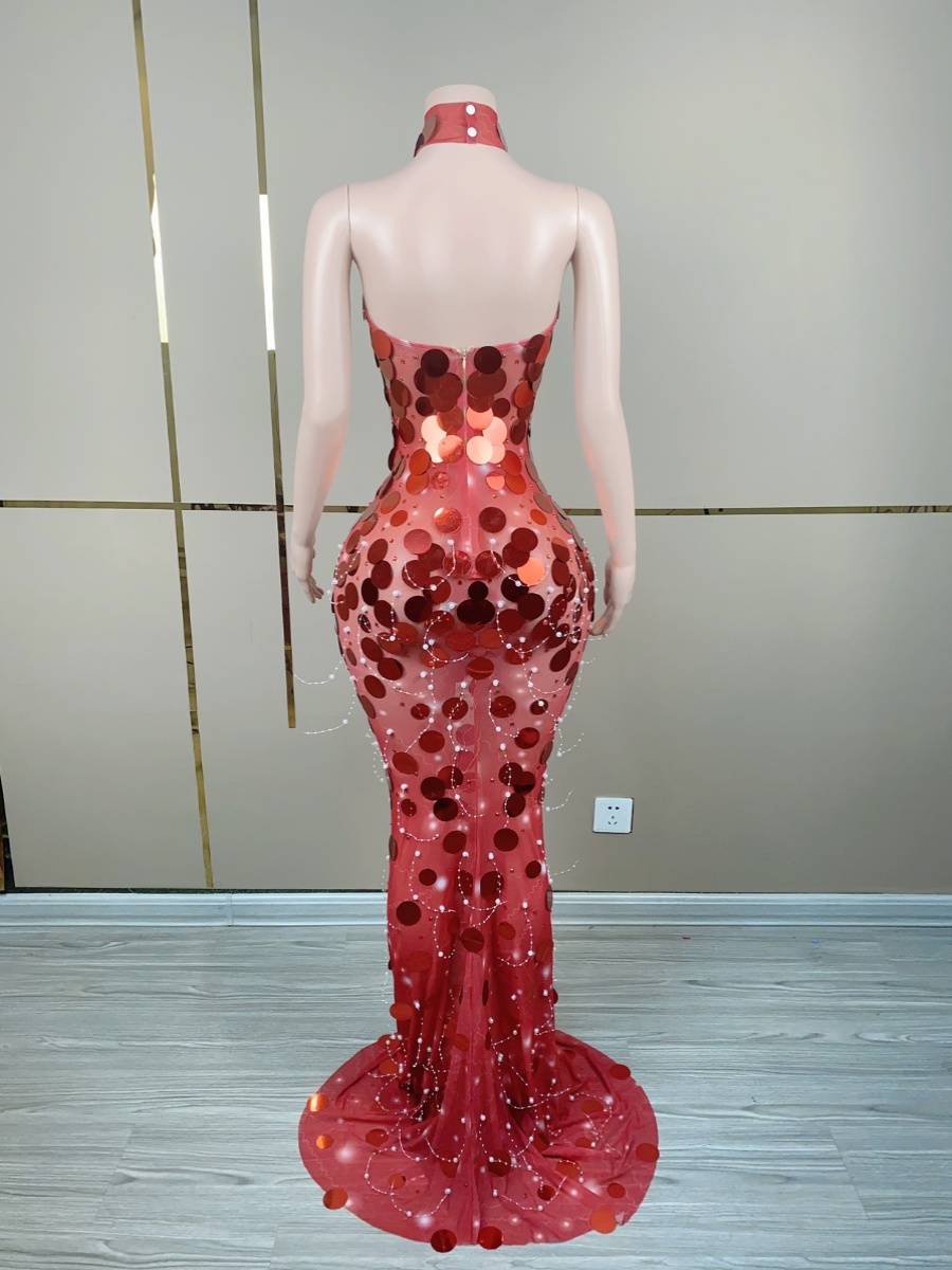 European and American net gauze sequins long skirt red dress skirt