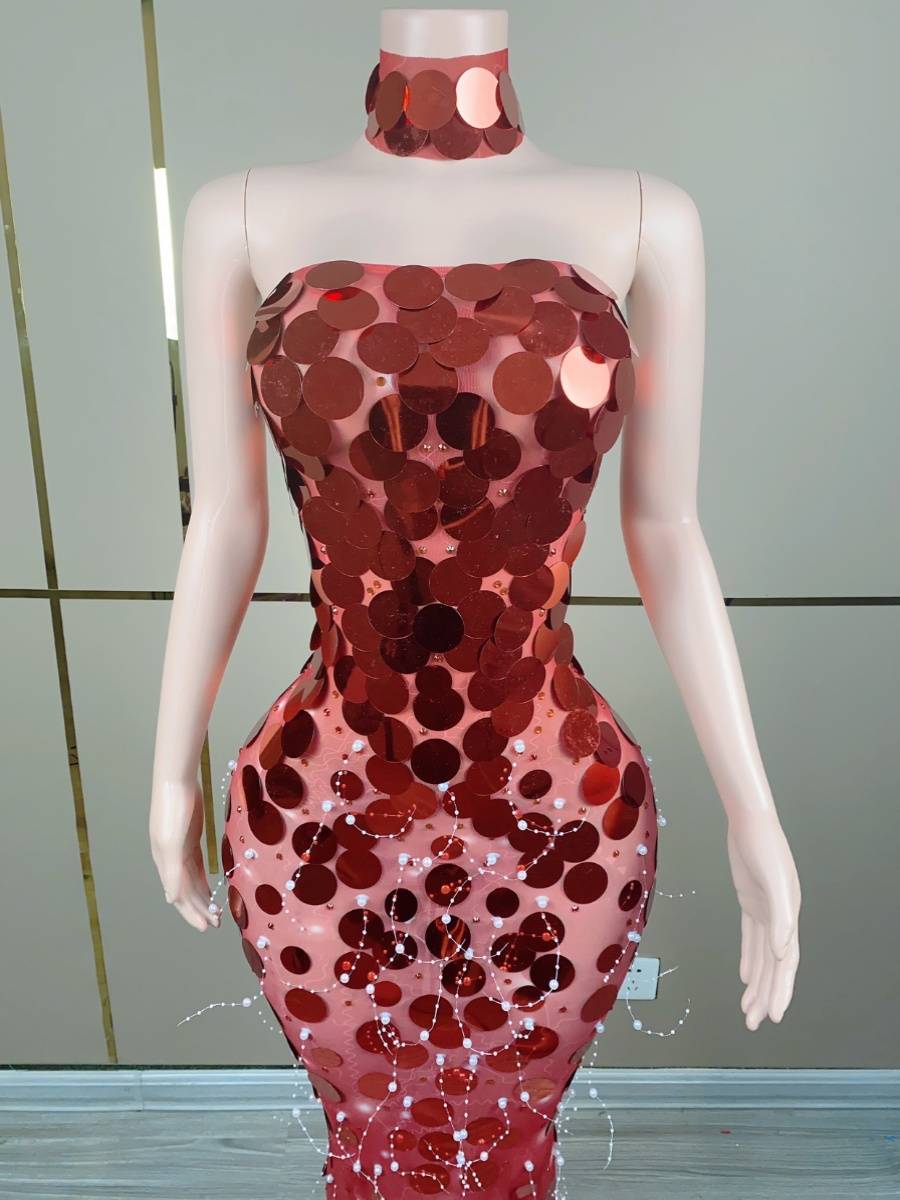 European and American net gauze sequins long skirt red dress skirt