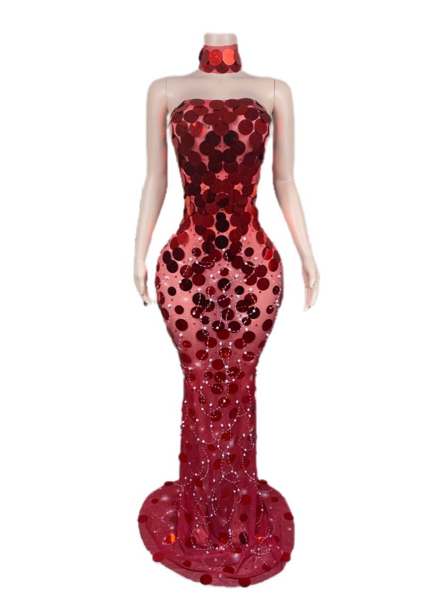 European and American net gauze sequins long skirt red dress skirt