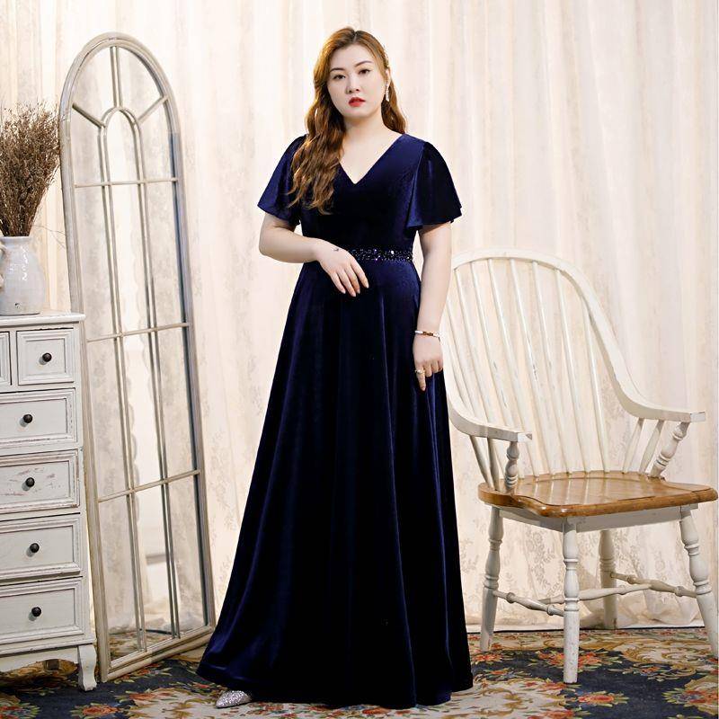 Large size fat MM art test performances aura banquet annual meeting hosted evening dresses blue temperament high -end thin long skirt fat