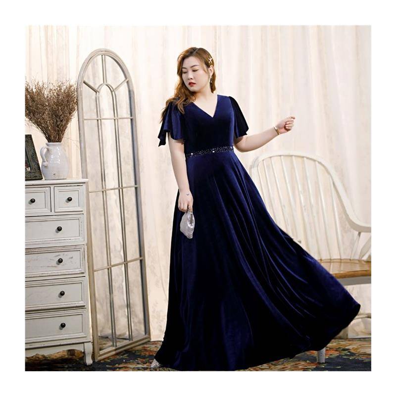 Large size fat MM art test performances aura banquet annual meeting hosted evening dresses blue temperament high -end thin long skirt fat