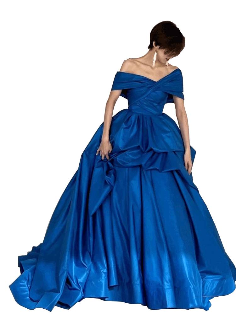 Blue satin with irregular dinner puffing skirt