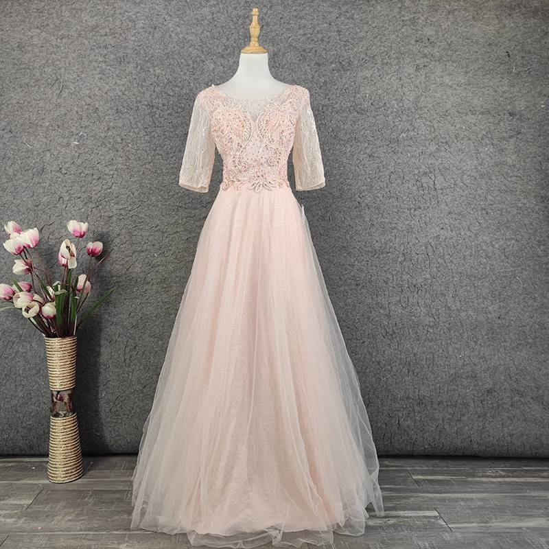 Fat mm beaded large size pink evening dress women are thin