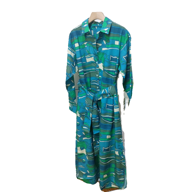 M Jiayuan Single Weekend is long -sleeved printed 100 house silk cotton belt medium long dress shirt skirt