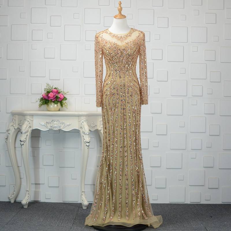 Long -sleeved evening dress High -end heavy worker nails, fishtail tail dress long skirt, the annual meeting party host long skirt