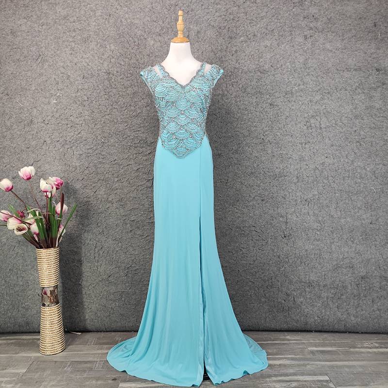 Heavy work beaded split slim night dress women are thin and thin