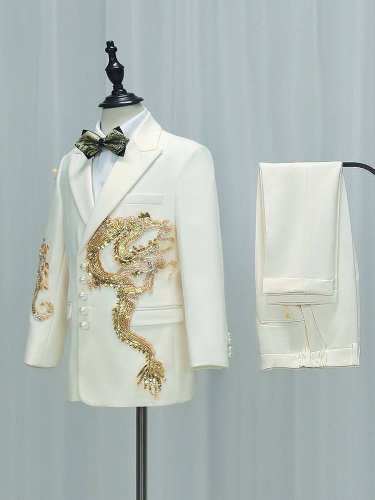 Rental boy walking show, Guofeng Growing Children, Host recites white Chinese suit dragon map suit suits