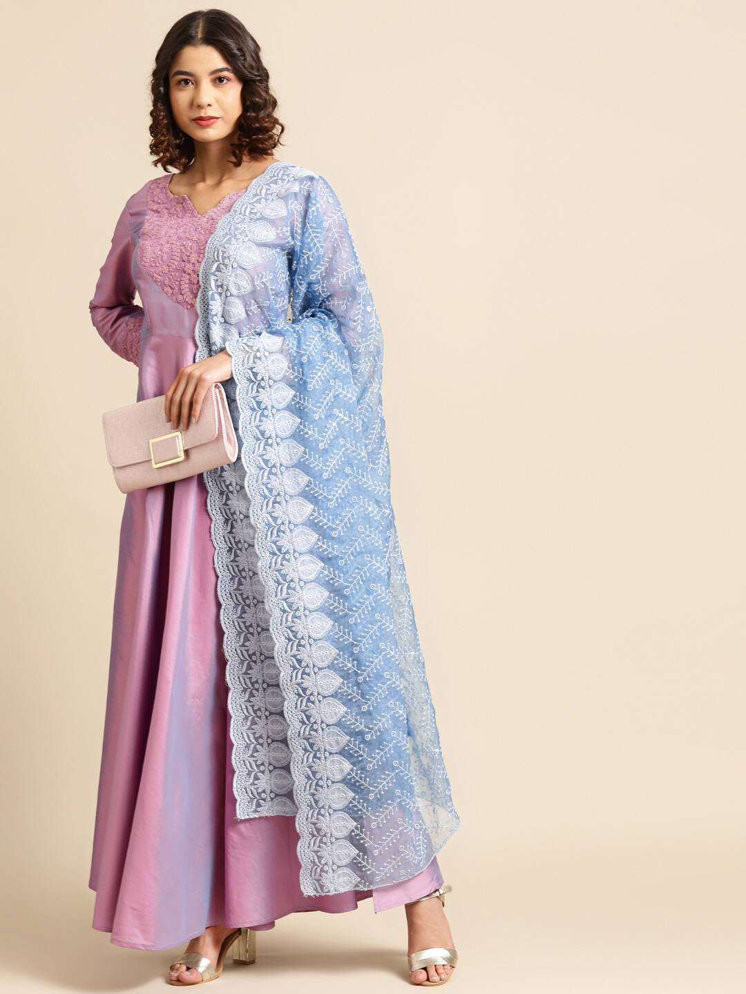 Indian imported women's silk cotton embroidery dress contains shawl 2 -piece A -line long skirt high waist elegant national style