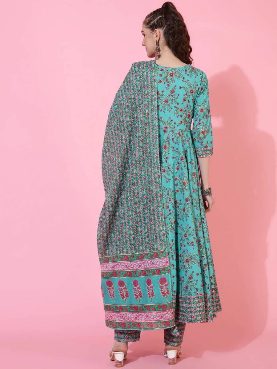 Indian imported ethnic style skirt set contain pants and scarves, cotton seven -point sleeve V -neck 3 -piece peacock orchid