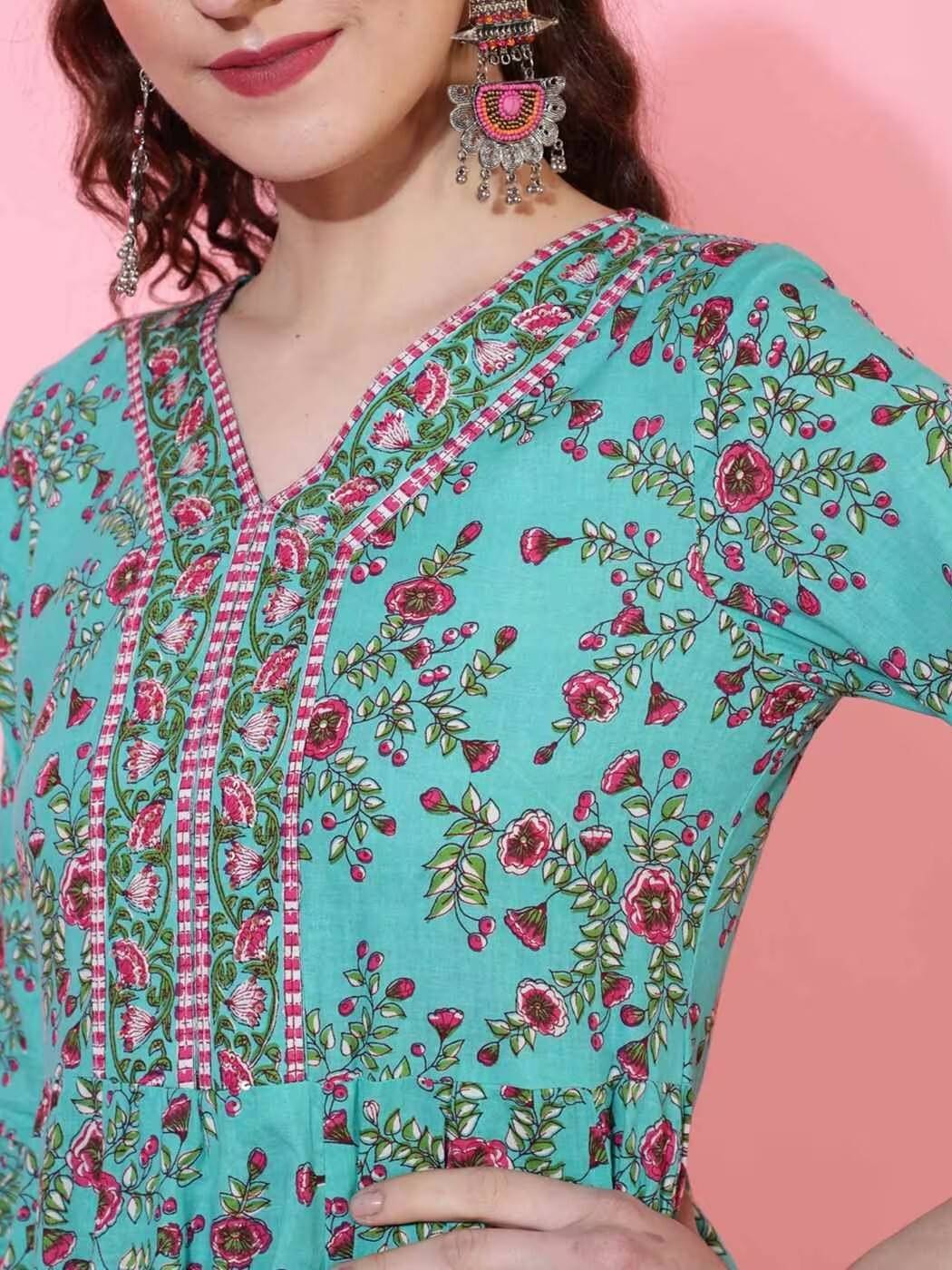 Indian imported ethnic style skirt set contain pants and scarves, cotton seven -point sleeve V -neck 3 -piece peacock orchid