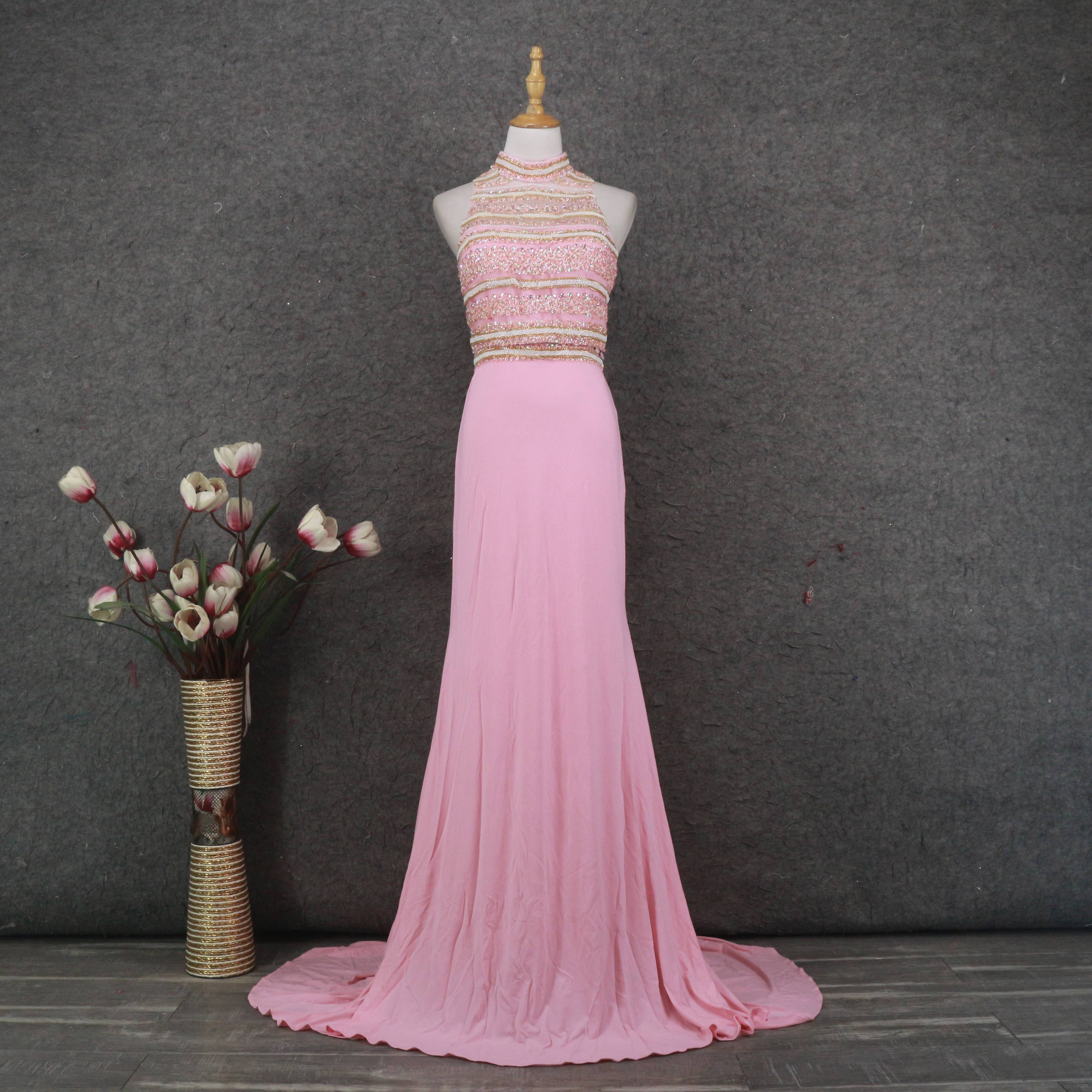 Pink two -piece knitting evening dress women's bag hips