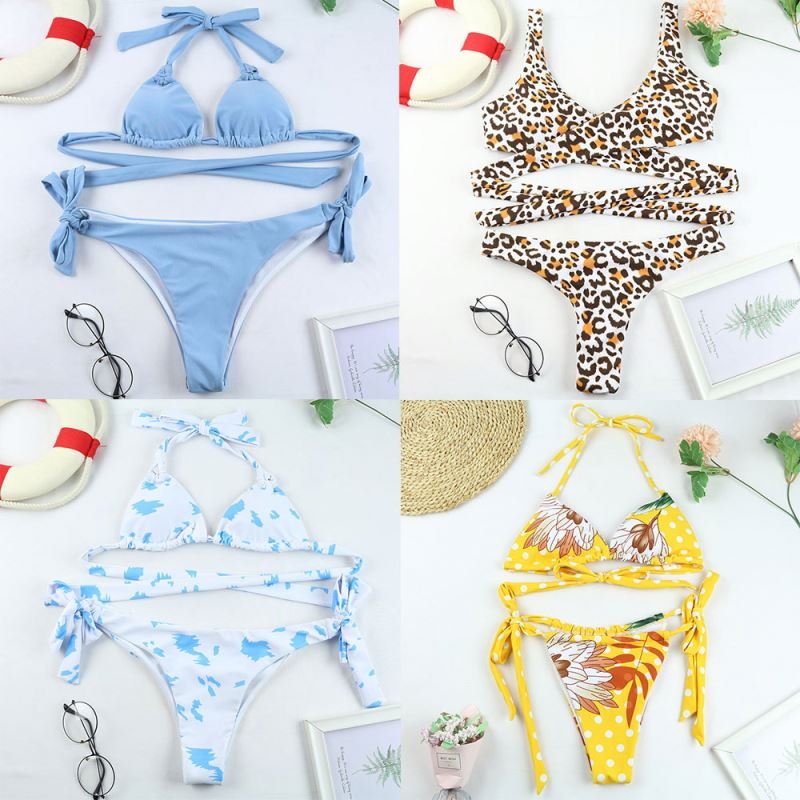 Inventory used wholesale sexy lace up suspender women's swimwear printed bikini set two-piece set
