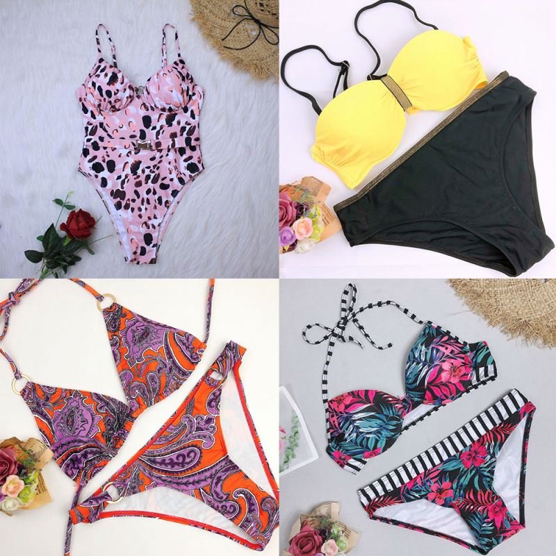 Inventory used wholesale sexy lace up suspender women's swimwear printed bikini set two-piece set