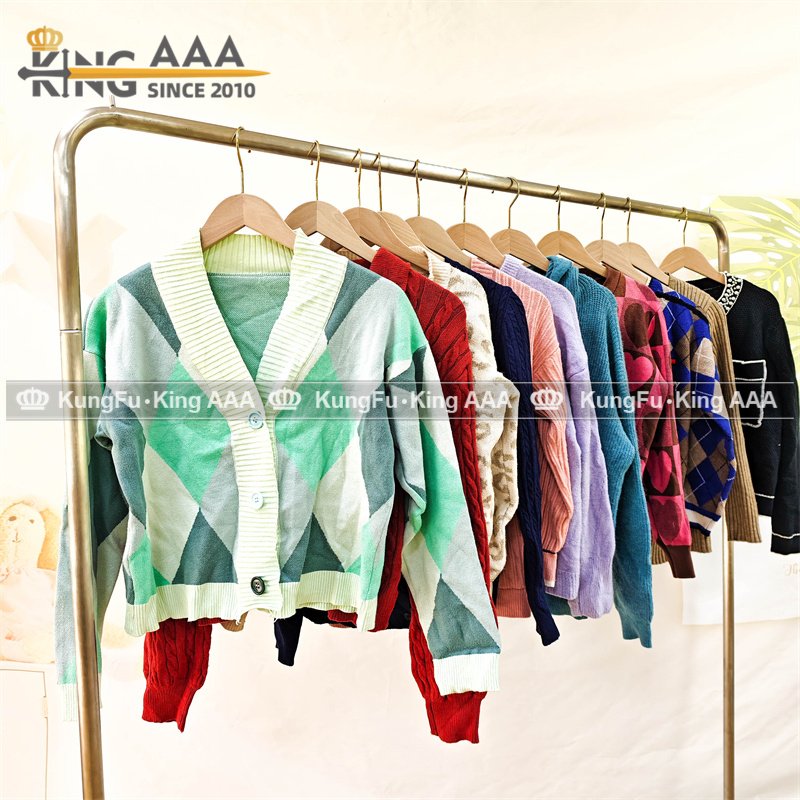 KINGAAA ladies cardigan sweaters thick short used clothing second hand sweater used clothes korea for women