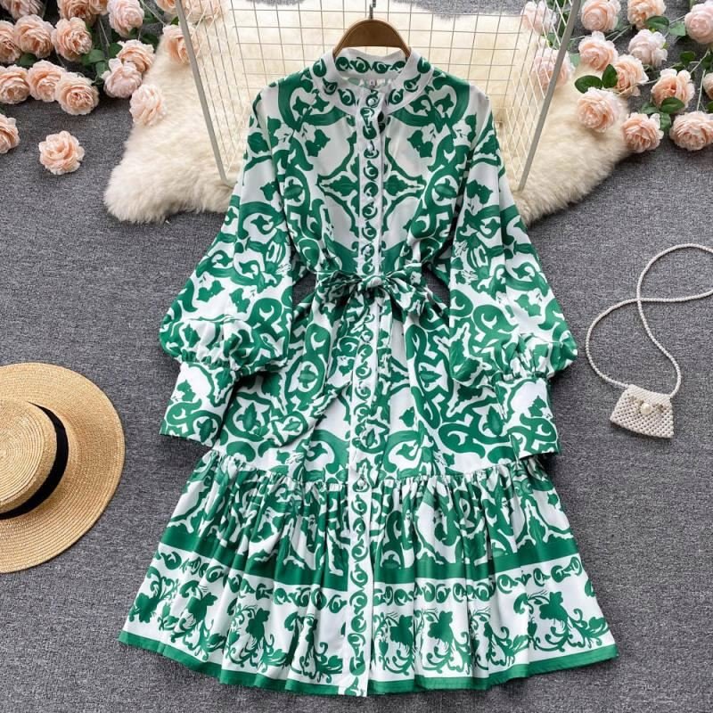 Wholesale 2023 Summer European and American Style Dress V-neck Waist Waist Slim Print A-line Large Swing Women's Dress