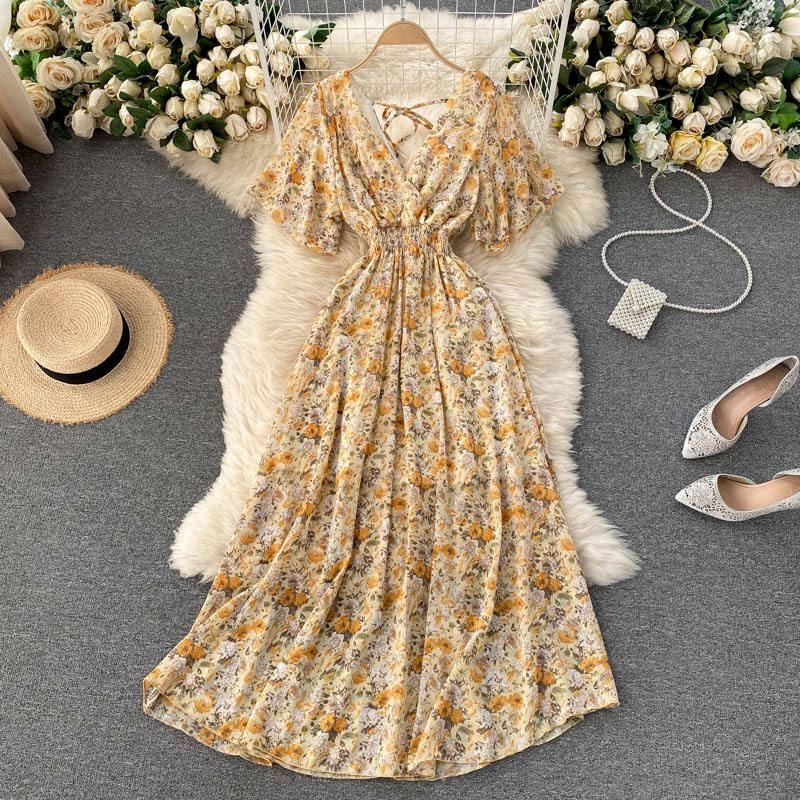 Wholesale 2023 Summer European and American Style Dress V-neck Waist Waist Slim Print A-line Large Swing Women's Dress