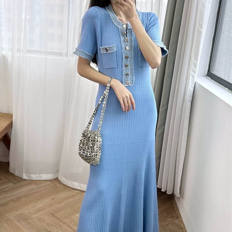 2024 fashion summer stitching contrasting knit dress slim waist long skirt short sleeve women's dress