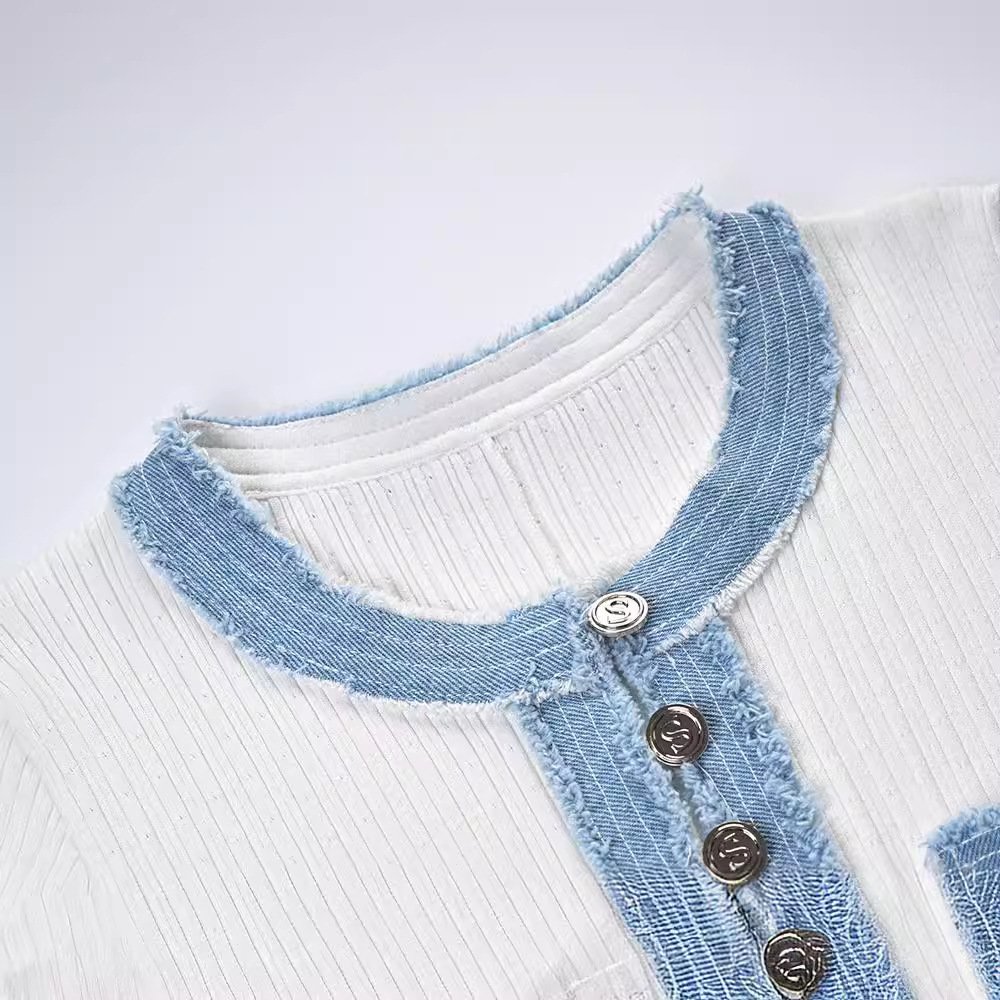 2024 fashion summer stitching contrasting knit dress slim waist long skirt short sleeve women's dress