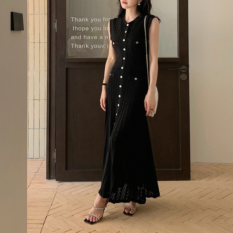 2024 fashion summer stitching contrasting knit dress slim waist long skirt short sleeve women's dress