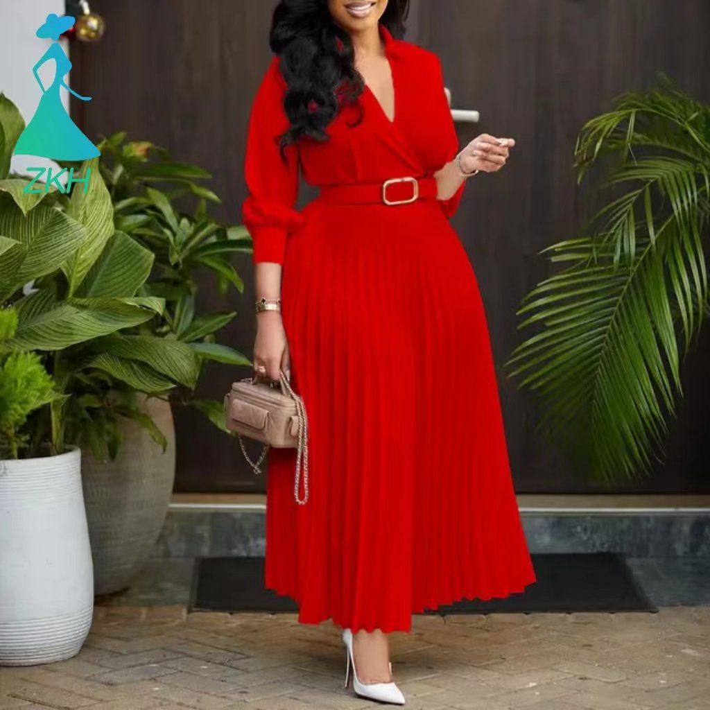 2024 Spring New European and American Women's Solid Color Plus Size Long Sleeve Dress + Belt