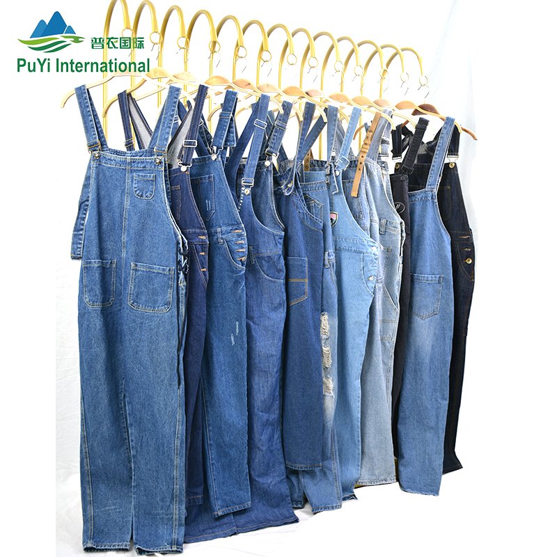 Ladies suspender cargo denim pants second hand clothes used jeans bales jumpsuit and romper used clothing