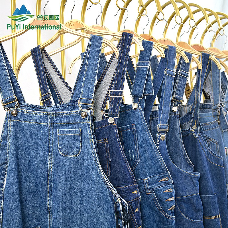 Ladies suspender cargo denim pants second hand clothes used jeans bales jumpsuit and romper used clothing