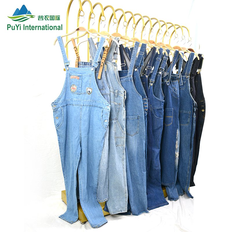 Ladies suspender cargo denim pants second hand clothes used jeans bales jumpsuit and romper used clothing