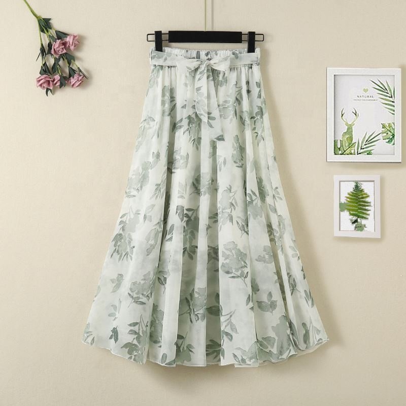 SY NEW Women Summer Skirts 2023 Vintage Printed Chiffon A-Link Skirt Bow Waist Casual Holiday Beach Midi Skirt Stock