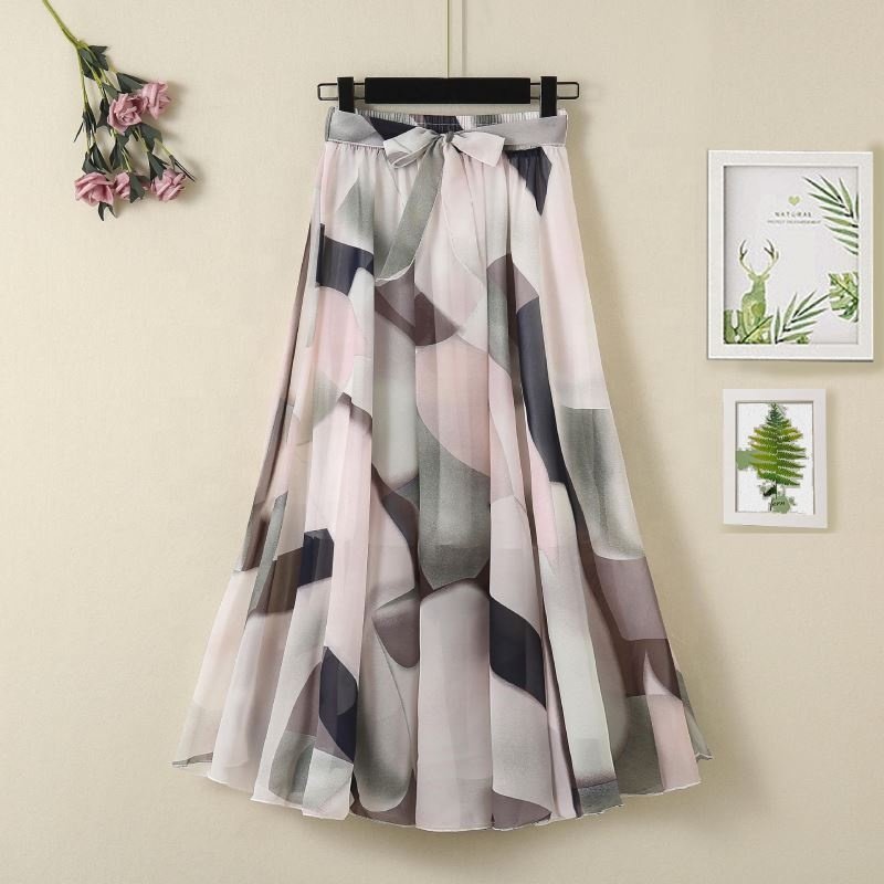SY NEW Women Summer Skirts 2023 Vintage Printed Chiffon A-Link Skirt Bow Waist Casual Holiday Beach Midi Skirt Stock