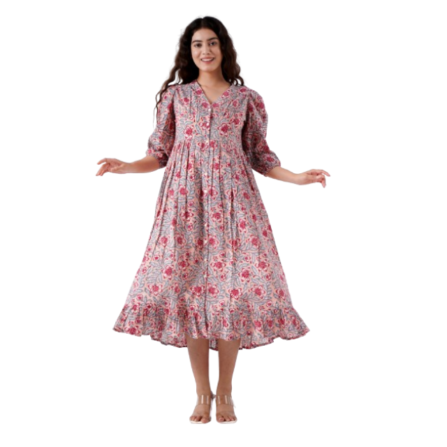 Trending Chic Pink Cotton Indian Hand Block Printed Women's Wedding Casual Party Evening Dresses-Cute Girls Dresses
