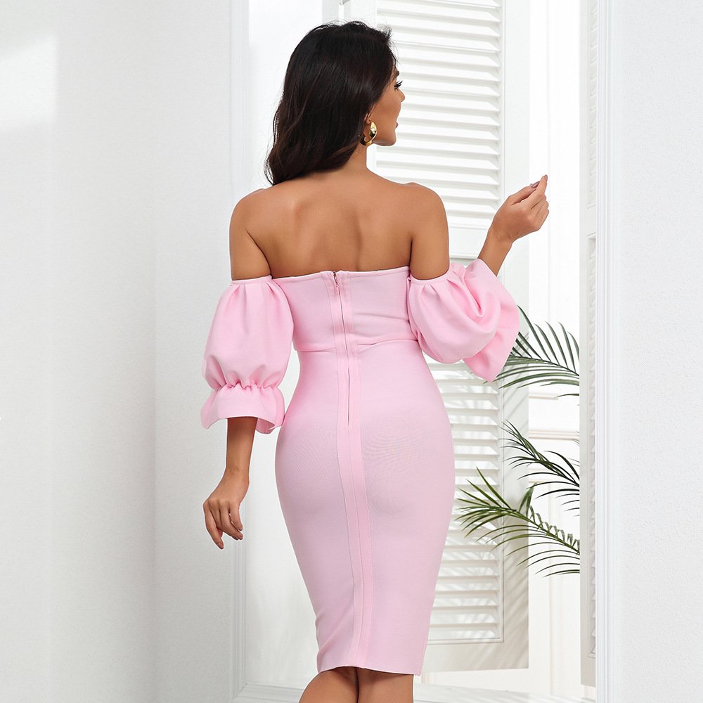 1174 pink cotton loop button off shoulder clothing casual fashion above knee dress sexy long ruffle evening korean style woman