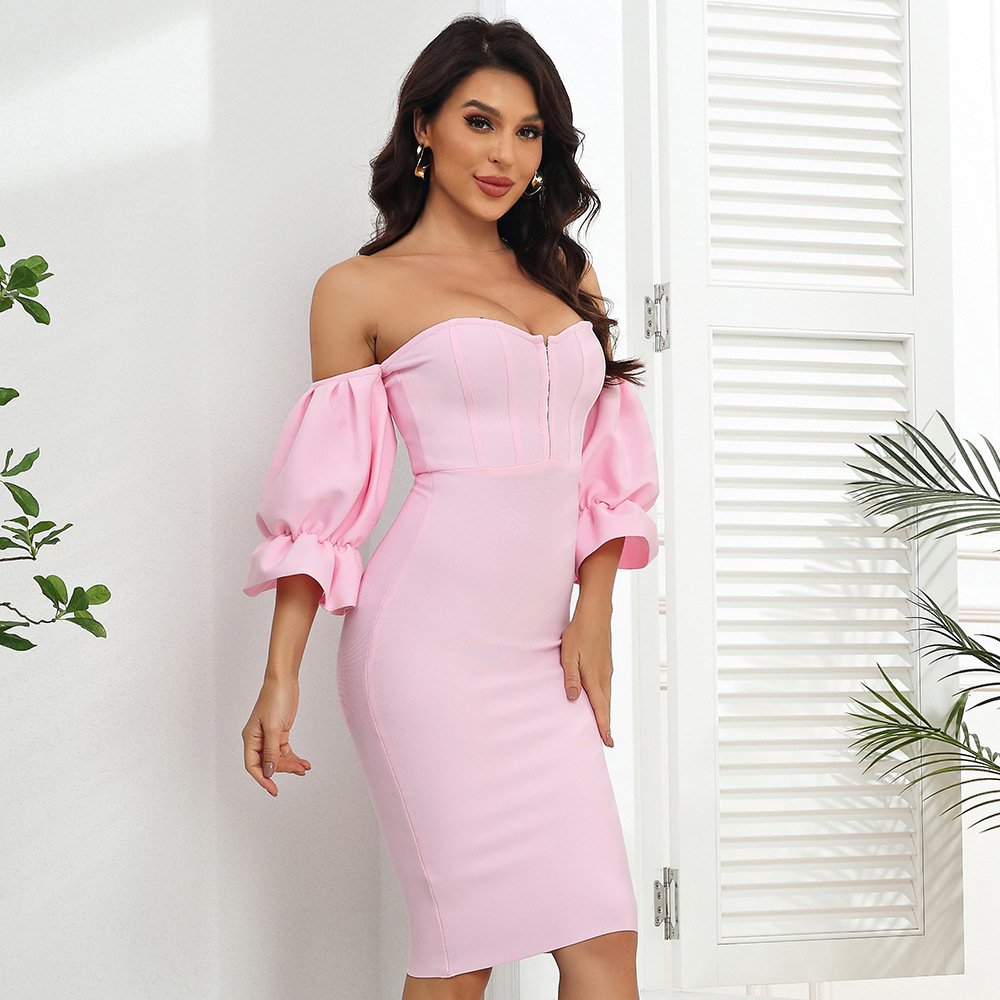 1174 pink cotton loop button off shoulder clothing casual fashion above knee dress sexy long ruffle evening korean style woman