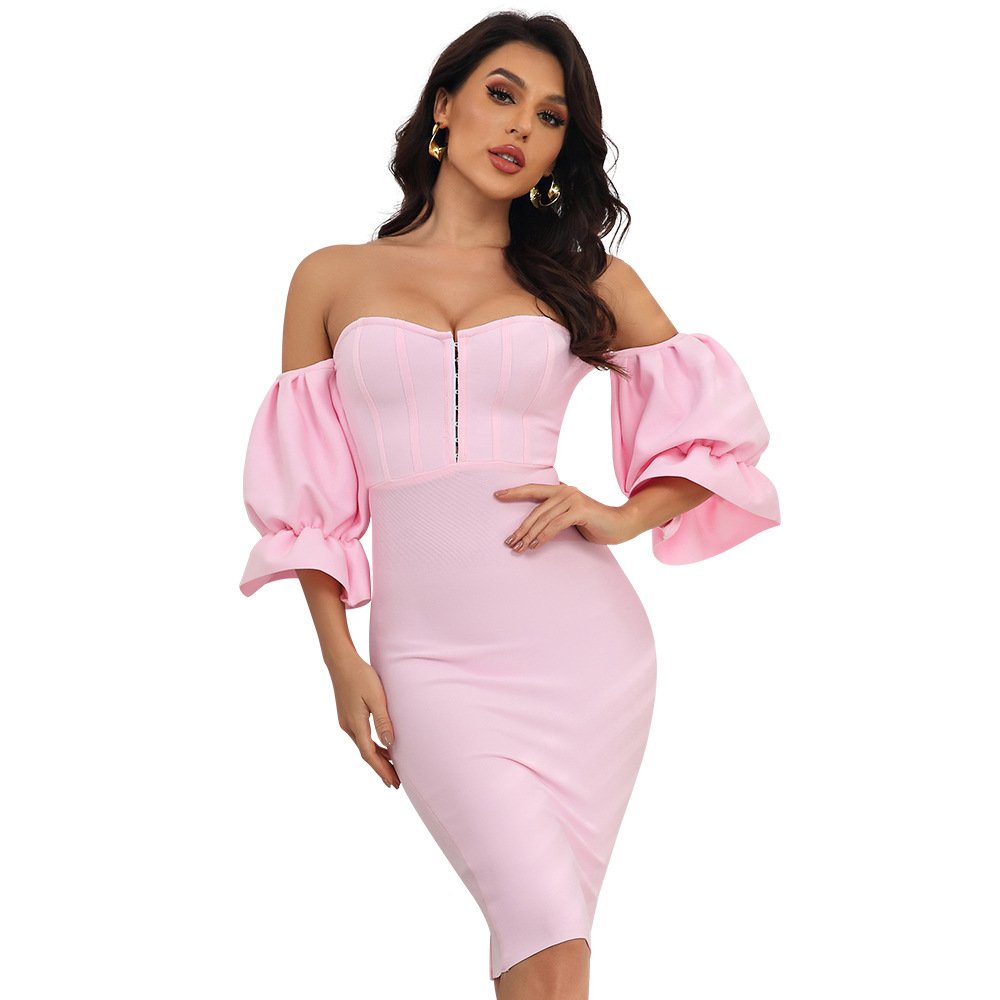1174 pink cotton loop button off shoulder clothing casual fashion above knee dress sexy long ruffle evening korean style woman