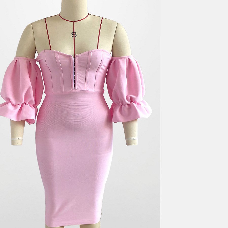 1174 pink cotton loop button off shoulder clothing casual fashion above knee dress sexy long ruffle evening korean style woman
