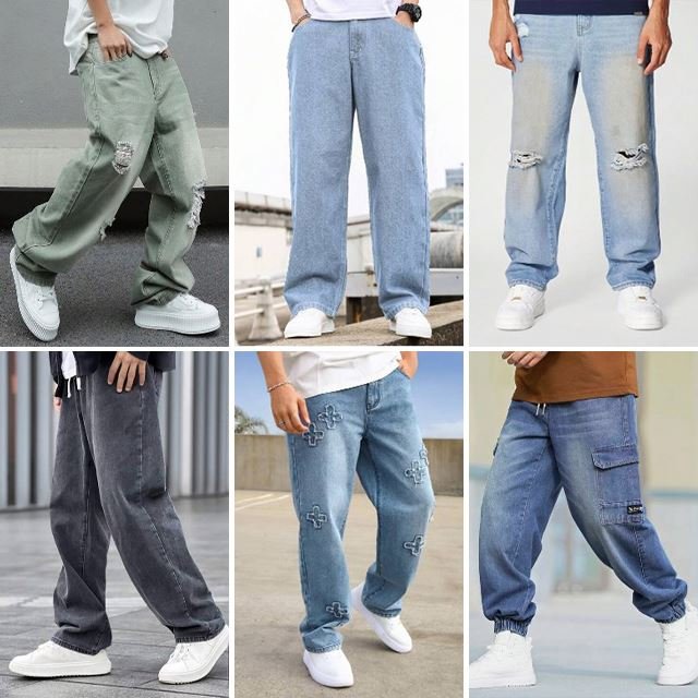 High quality men's jeans street hip-hop casual wide leg jeans loose straight leg loose jeans mixed style