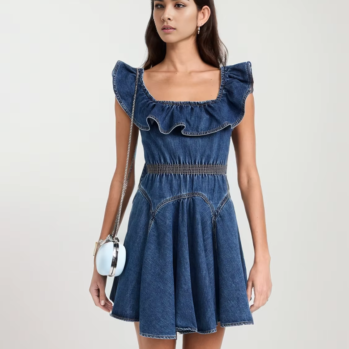 Fashion Vintage Blue Fly Sleeve Square Neck Backless Hollow Strap Elastic Waist Ruffle Dress Women's A-line Short Dresses