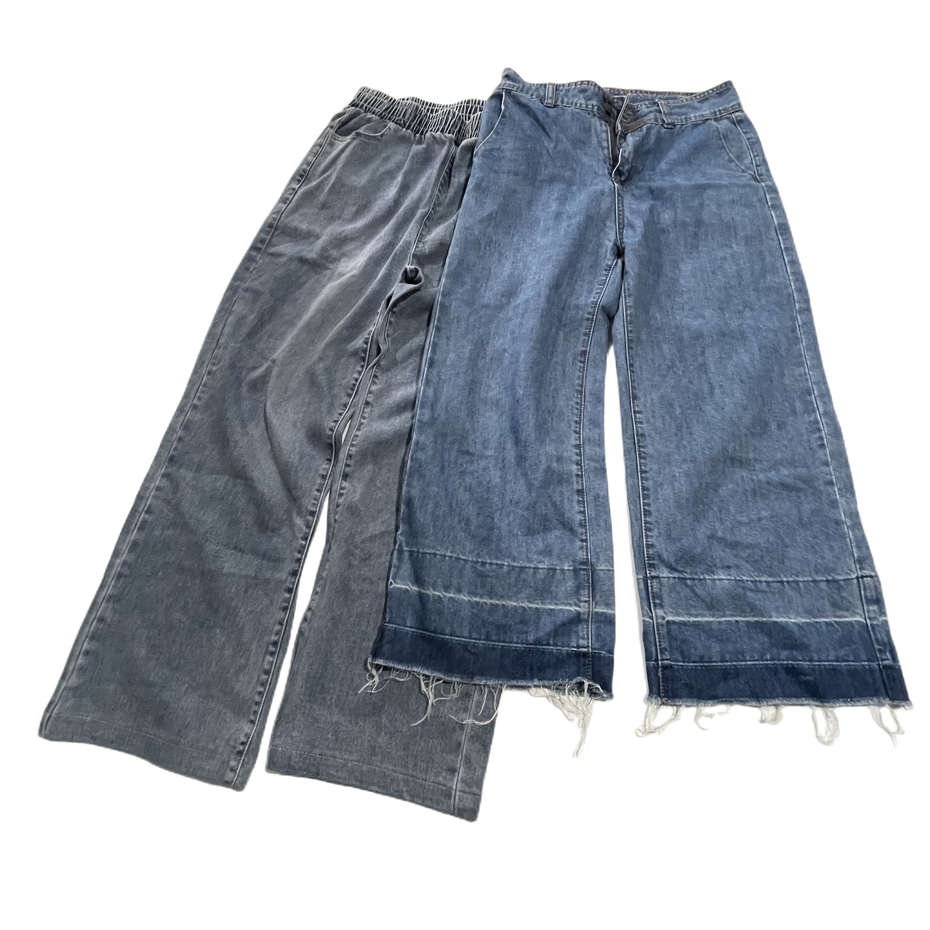 Hongyang used clothes bales second-hand women jean pants thrift ladies wide-leg denim trousers in 90KG for sale