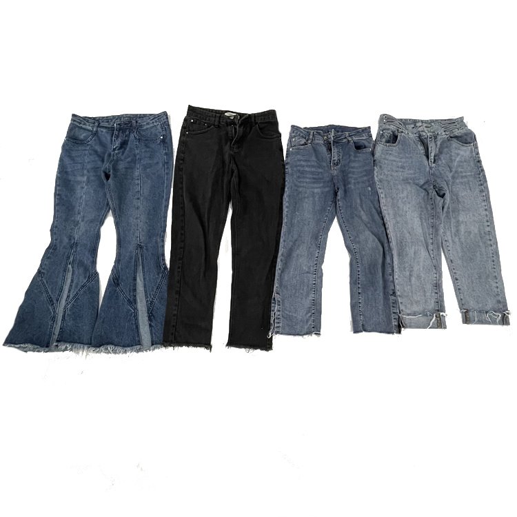 Hongyang used clothes bales second-hand women jean pants thrift ladies wide-leg denim trousers in 90KG for sale