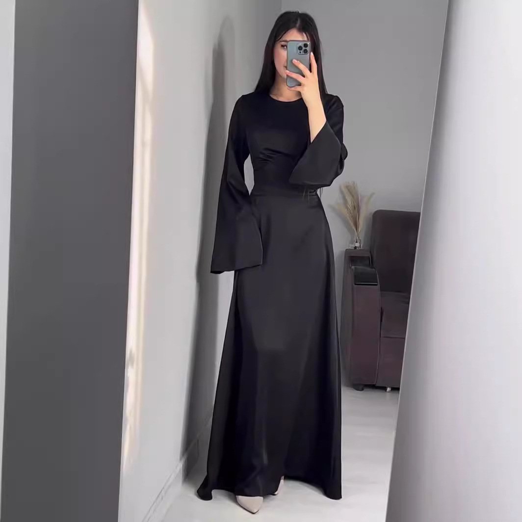 Europe and the United States 2024 spring new waist slimming strap solid color long sleeve long skirt temperament dress women
