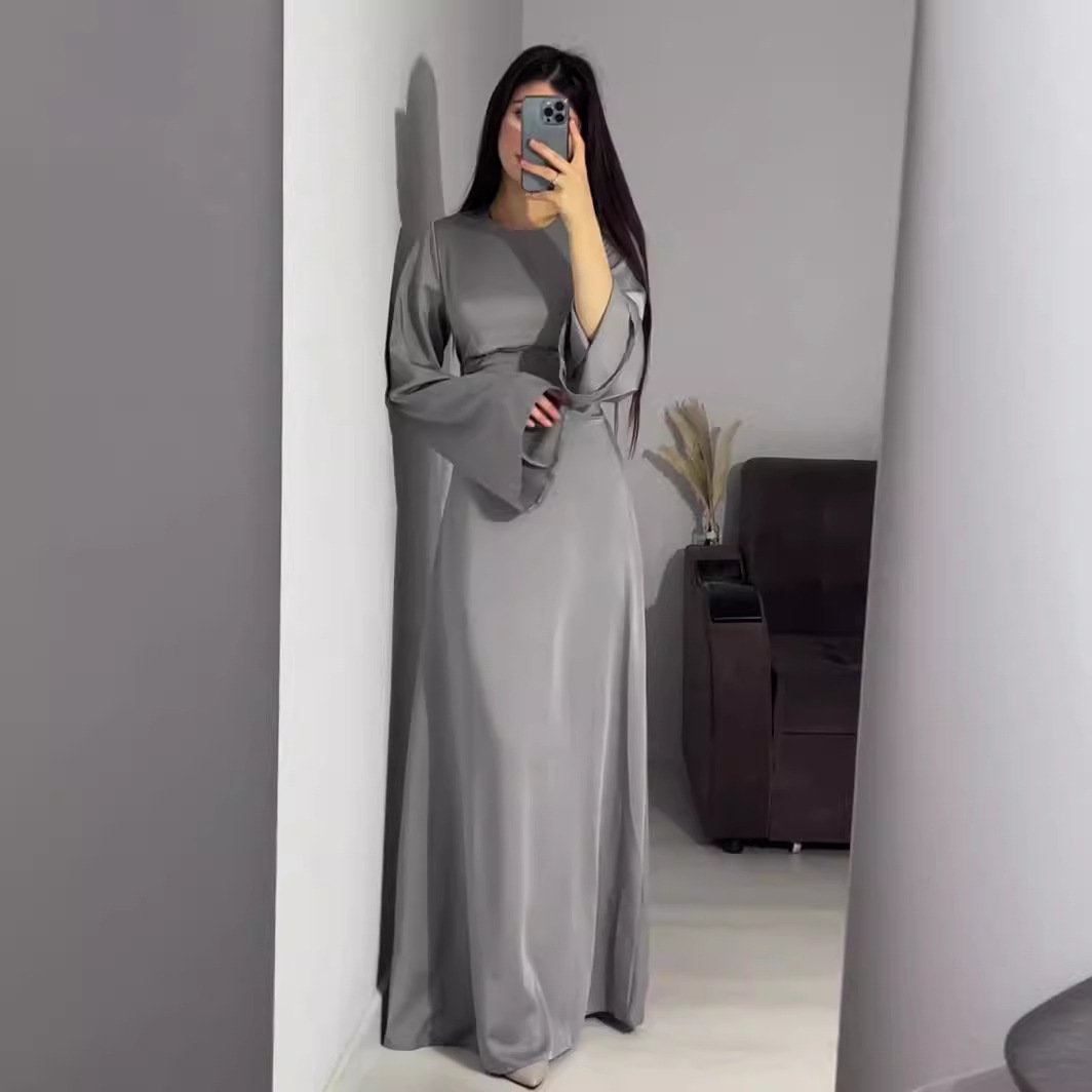 Europe and the United States 2024 spring new waist slimming strap solid color long sleeve long skirt temperament dress women
