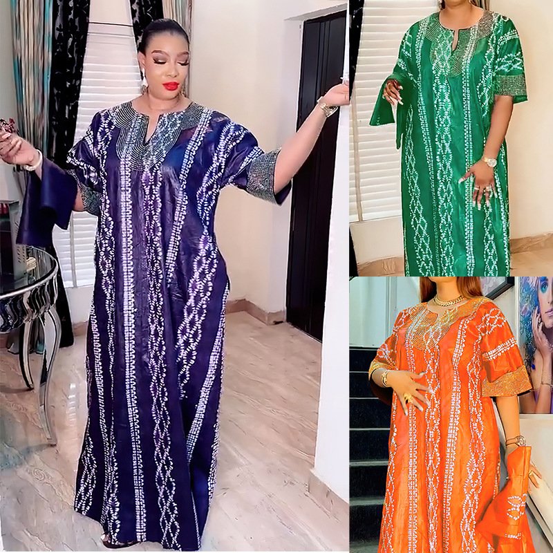 Hot sale African striped loose robe rhinestone African Dashiki patchwork Dress Abaya women dress