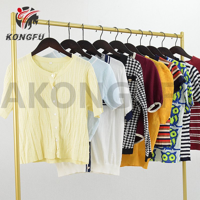 AKONGFU short sleeve sweater thin top blouse knit shirt used clothes bales usa knitted shirt import used clothes to in india