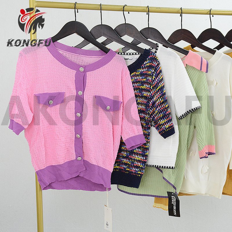 AKONGFU short sleeve sweater thin top blouse knit shirt used clothes bales usa knitted shirt import used clothes to in india