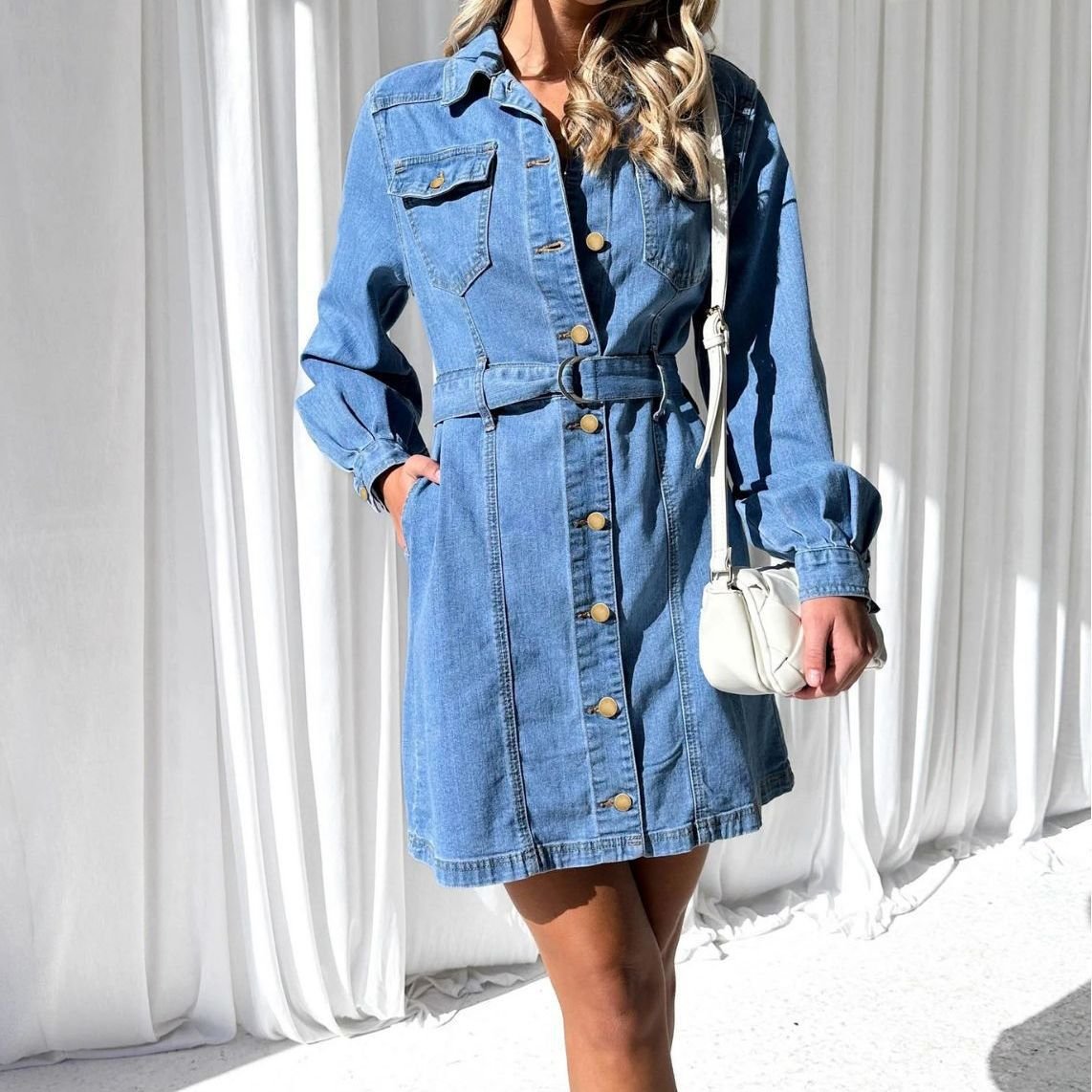2024 Europe and America Fashionable casual button tie slim long-sleeved denim dress women