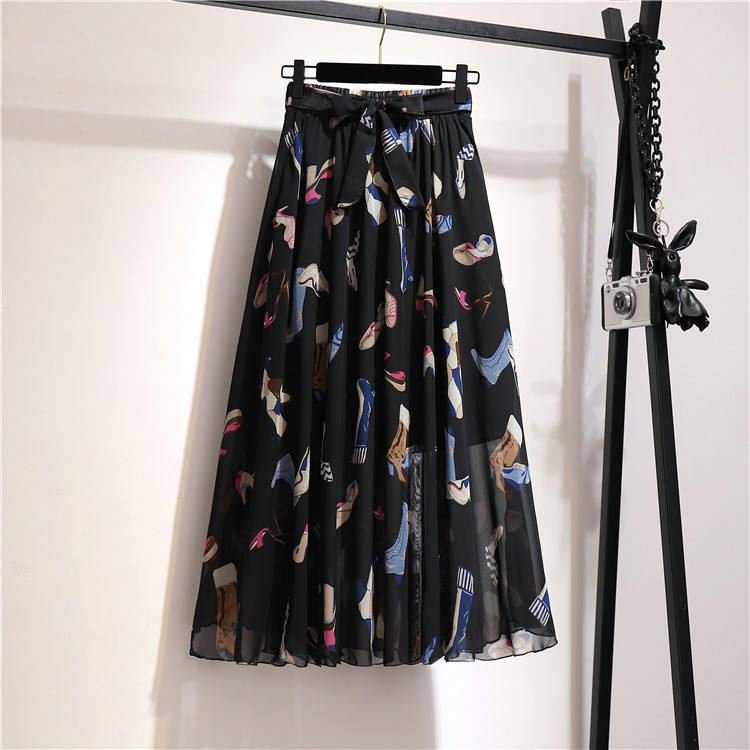 Women Summer Skirts 2024 Vintage Printed Chiffon A-Link Skirt Bow Waist Casual Holiday Beach Midi Skirt Stock