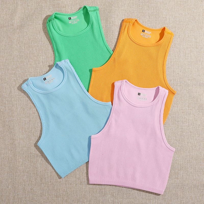 Wholesale Cropped Women's Solid T-shirt Tank Top Seamless Streetwear Stretch Rib Knit Sleeveless Casual Tank Top Stock